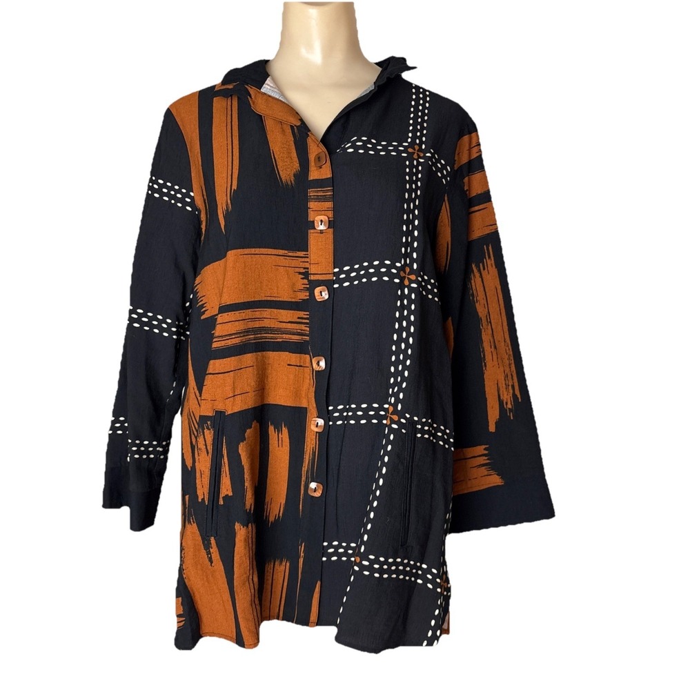 Ali Miles Size S Button Up Shirt Wire Collar Copper Orange Black Artsy Top